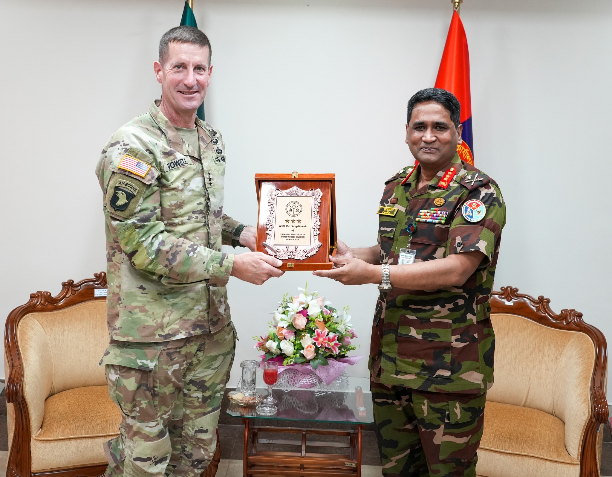 Lieutenant General Joel B. Vowell, Deputy Commander, US Army Pacific Command, paid a courtesy ‘Call On’ with the Principal Staff Officer (PSO) of Bangladesh Armed Forces Division (AFD) Lieutenant General S M Kamrul Hassan on 25 March 2025 at Dhaka Cantonment. During the meeting, they discussed various avenues of bilateral defence relations between the Bangladesh Armed Forces and the US Army Pacific Command in the fields of training, exercise, and military cooperation.